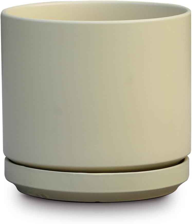 Mid Modern Planter with Detached Saucer (Cloud White,14.0" D x 12.0" H)