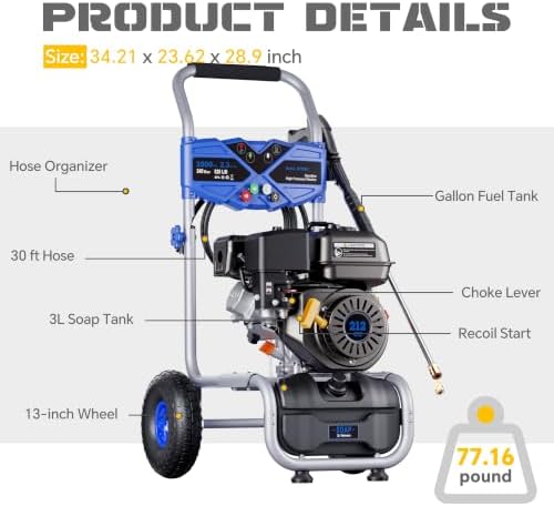 3500 PSI Gas Pressure Washer, 2.3 GPM Gas Power Washer with 212CC
