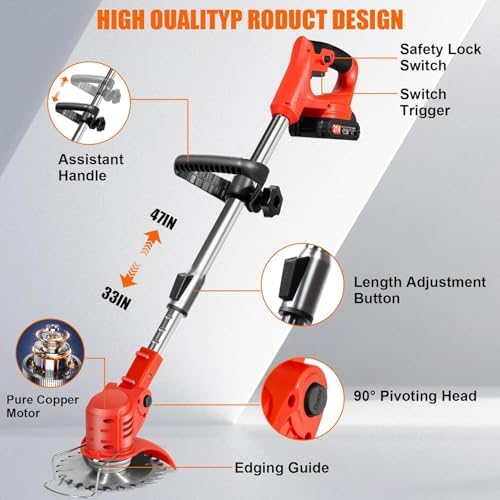 Electric Weed Wacker Cordless, 21V Lightweight Stringless Weed Wacker, Weed Trimmer, 3-in-1 Grass Trimmer/Brush Cutter/Edger, with Wheels,2pcs Batteries&4 Types Blades for Thick Weeds&Yard Garden