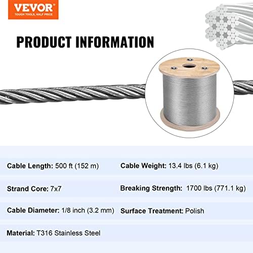 Mophorn Stainless Steel Cable Railing 1/8" x 500ft, Wire Rope 316