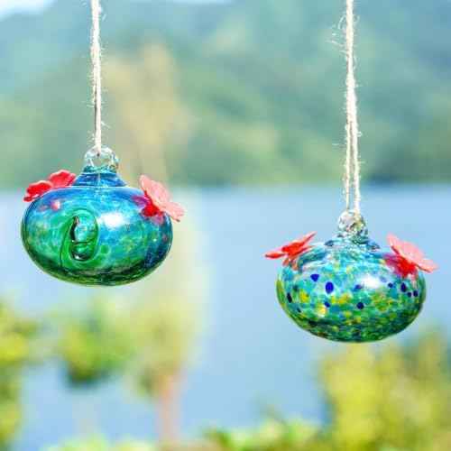 2pcs Small Glass Hummingbird Feeder for Outdoors with 2 Flower Feeding Port