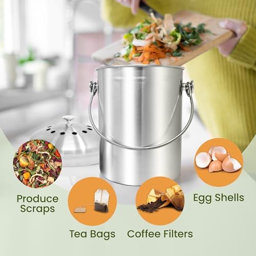 Reli. 1.3 Gallon Stainless Steel Compost Bin for Kitchen | Charcoal Filters
