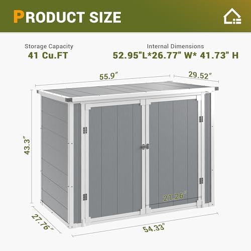 41 Cu.Ft Storage Shed Outdoor Horizontal Resin Shed Plastic Garden Shed with Floor Waterproof Storage Deck Box Outside Storage Container with Lockable Door for Patio (Light Grey)