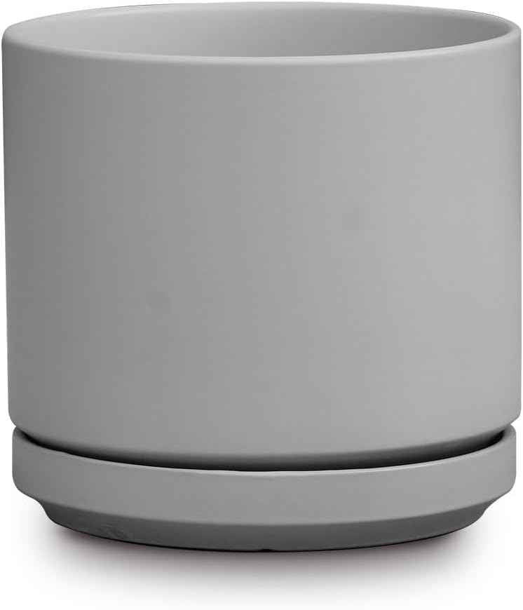 Mid Modern Planter with Detached Saucer (Heather Grey,14.0" D x 12.0" H)