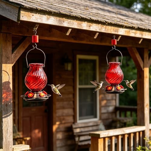 32oz Large Glass Hummingbird Feeders for Outdoors Hanging,Large Capacity Red Hummingbird Feeder with Built-in Ant Moat,Glass Humming Bird Feeder,Gifts for Mom Dad,Outside Garden Décor