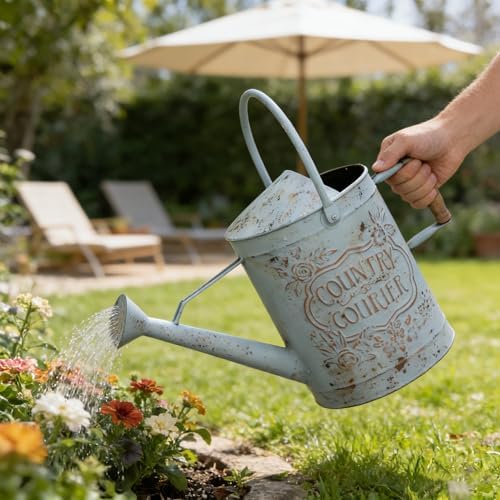 Vintage Metal Watering Can with Country Corner Floral Emboss & Wooden