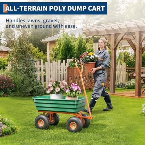 Heavy Duty Yard Wagon Dump Cart - 4 Cu Ft 1200Lbs Capacity Utility Wagon with 10" No-Flat Tires,Garden 4 Wheel Cart,180° Rotating Handle for Garden, Landscaping, Farming
