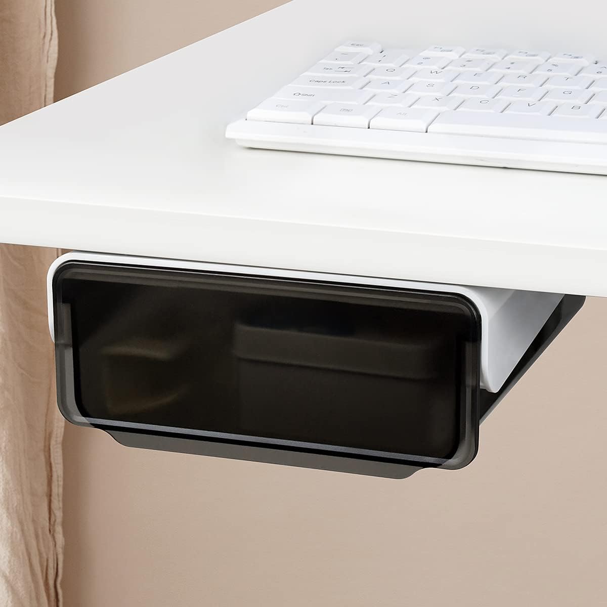 1 Pcs Under Desk Drawer, Under Table Hidden Organizer, Plastic Self-adhesive Slide out Under Desk Storage Drawer for Office Dresser Home School Stationery Kitchen (Black) - Field & Nook