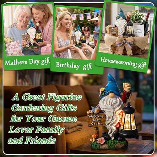 Garden Gnome Statues Figurine Lights - Solar Powered Lighting Outdoor Decorations with Lantern & Welcome Sign, Yard Art Lawn Ornaments for Porch Patio Balcony - Gnome Gifts for Women Mom
