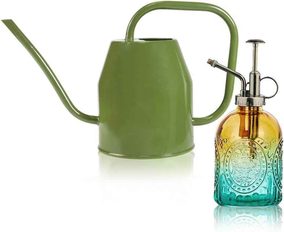 35 oz/1000 ml Metal Indoor Small Watering Can with Long Spout for House Plants Decorative, 12 oz/360 ml Glass Plant Mister Spray Bottle for Bonsai Garden Flowers(Green)