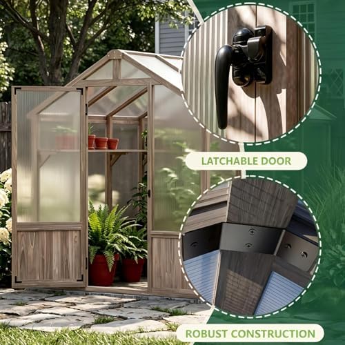 6x12 FT Greenhouse for Outdoors Cedar Wood Green House with 6MM Polycarbonate Panel & Adjustable Vents Walk in Greenhouses Kit for Outdoor,Backyard,Garden