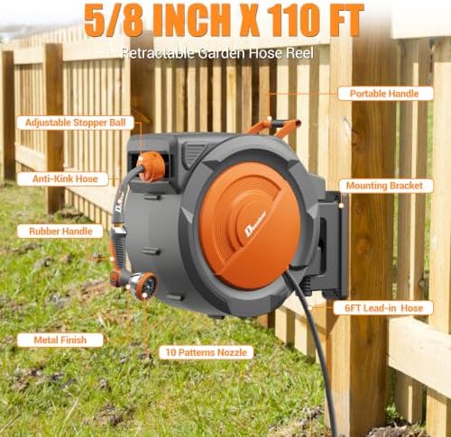 Retractable Garden Hose, 5/8" × 110 ft Wall Mounted Garden Hose Reel