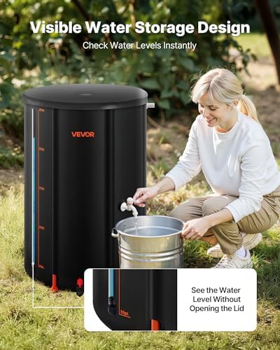 VEVOR Collapsible Rain Barrel, 66 Gallon Portable Rain Water Collection Barrel, 500D PVC Rainwater Collection System, Garden Water Catcher Tank Storage Container with Spigot & Overflow Kit, Black