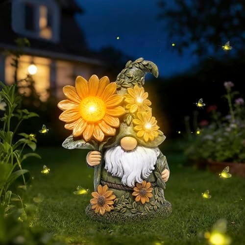 basen Solar Garden Gnome with Glowing Daisy Flower, Outdoor Solar Gnome Figurine for Yard Lawn Patio, Hand-Painted Resin Garden Statue Decor with LED Light for Landscape, Garden Gift for Mom Grandma