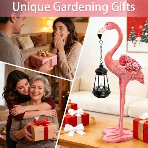 Flamingo Solar Garden Statue, 18.9 Inch Flamingo Figurine with Hanging Solar Lanterns, Outdoor Garden Decor Tropical Sculpture Statues for Patio Yard Porch, Birthday Gifts for Mom Women Mother's Day
