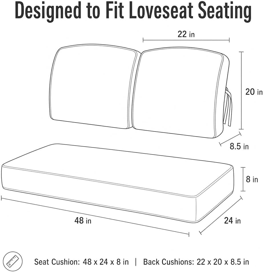 Outdoor Loveseat Cushions, 48 x 24 x 6 Inches Olefin Fabric Waterproof Fade Resistant Cushion Set for Couch,