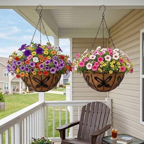 3 Pack Hanging Baskets for Plants Outdoor 12 Inch Butterfly Metal Hanging Planters with Coco Coir Liner, Round Hanging Flower Basket for Home Garden Patio Balcony Porch