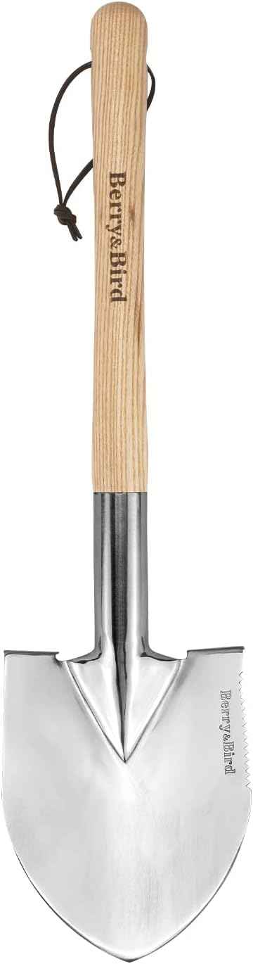 Berry&Bird Short Hand Shovel, 19.8’’ Digging Trowel for Gardening with Wood Handle Stainless Steel Round Point Spade Shovel with Serrated for Cutting, Transplanting & Weeding