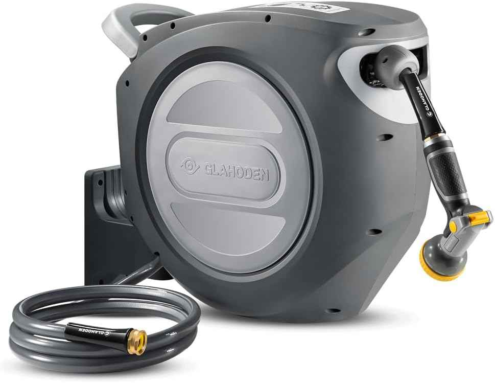 Retractable Garden Hose Reel 1/2 in x 85 ft Upgraded UV Resistant Heavy Duty Automatic Hose Reel Wall Mount 3/4 in Brass Fitting 9 Pattern Nozzle Any Length Lock Slow Retraction