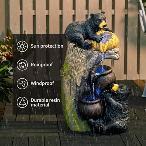 Bear Outdoor Water Fountain with LED Lights, 23.62" Cascading Fountain for Patio, Yard, Balcony, Garden Decor, Weather-Resistant Resin, Soothing Water Flow (Brown Grey)