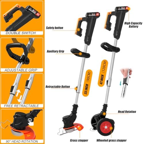 Electric Weed Wacker, Cordless Weed Eater Battery Powered, 21V No String Trimmer with Wheels & Metal Blades, Lightweight Grass Trimmer/Brush Cutter/Lawn Edger, Stringless Weed Trimmer for Yard Garden