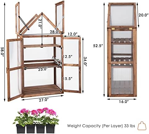 GRAFFY Wooden Cold Frame Greenhouse with 3 Removable Shelves for Outdoor