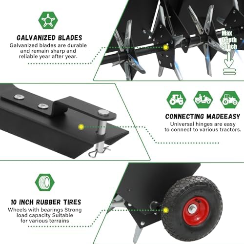 Doniks 52-Inch Tow Behind Lawn Plug Aerator with Universal Hitch, Lawn Aerator Tow Behind with 40 Galvanised Steel Tines,Tray and Inflatable Wheels for Gardens, Lawns, Farms