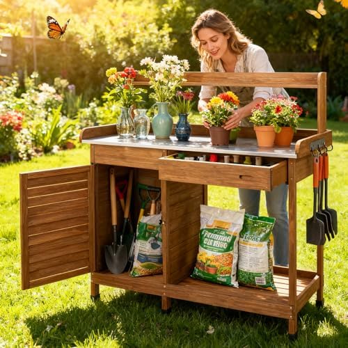 Outdoor Potting Bench Table, Wooden Weatherproof Garden Work Station with Sliding Drawer, Metal Table Top, Metal Hooks, Large Bottom Shelf, Open Shelf, Tool Hooks