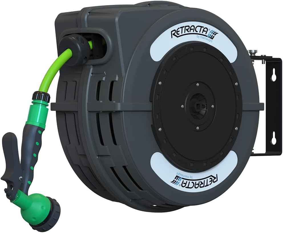 Macnaught C1 Series Retractable Garden Hose Reel, 40 Ft Water Hose Reel Heavy Duty Retractable Hose with Metal 180° Swivel Rotation Bracket for Wall Mount - Gray