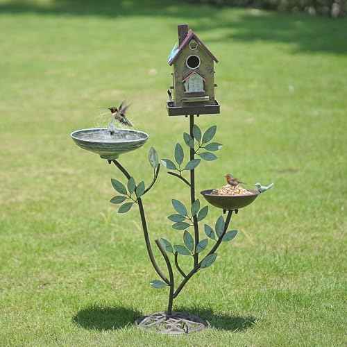 Cast Iron Pedestal Bird Baths for Outdoors,Metal Bird Bath and Bird House
