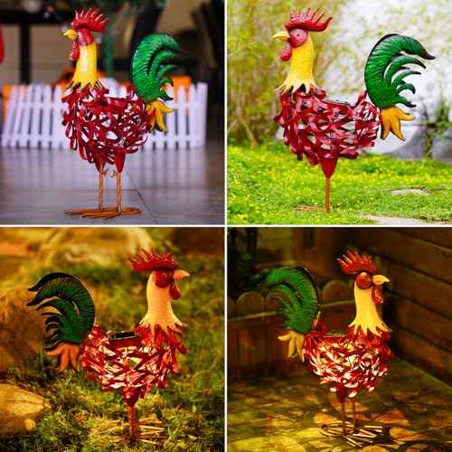 Solar Rooster Statue Garden Decor - 21.7 Inch Yard Decor & Perfect Rooster Gifts for Women, Outdoor/Indoor Red Rooster Decor - Stylish Metal Design (Rooster)