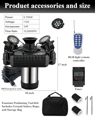 Pond Fountain Aerator with Lights, 1 HP with Dynamic RGB Lighting