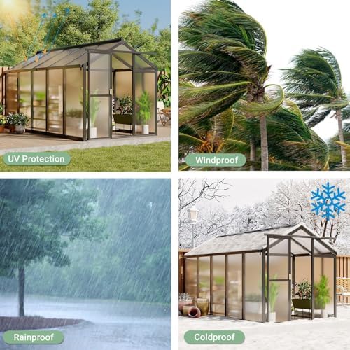 6x10 FT Greenhouse, Outdoor Sliding Door, Polycarbonate Greenhouse with Aluminum Frame, Lockable Door and Ajustable Roof Vent for Backyard, Outside Garden Backyard, Patio, Black