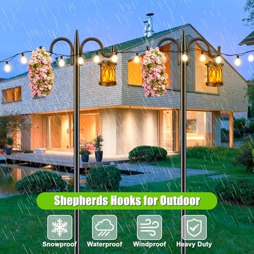 Gtongoko Bird Feeder Pole for Outdoors Heavy Duty, 92 Inch Double Shepherds Hook with 5-Prong Stable Base, 3/4 Inch Thick Hummingbird Feeder Stand for Hanging Plants, Lanterns, 1 Pack