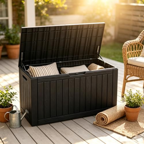 Fancyango 150 Gallon Waterproof Deck Box, Resin Outdoor Storage Box, Black