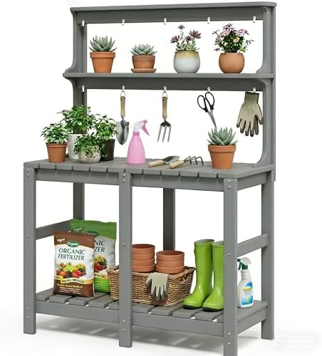 Outdoor Potting Bench with 3 Tier, All-Weather Patio Potting Table with Tool Hooks, HDPE Gardening Table for Backyard, Garden, Grey