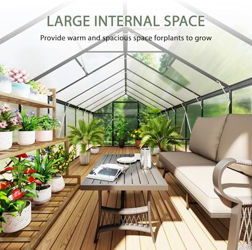 8 x 12 FT Outdoor Greenhouse, Heavy-Duty Polycarbonate Greenhouse with Aluminum Frame, Lockable Door, Adjustable Roof Vent, Walk-in Green House for Backyard, Garden, Patio