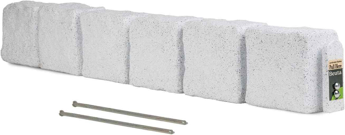 Beuta Landscape Edging | Garden Edging Border | Faux Stone Blocks for Lawn Edging, Flower Beds & Yard Edging – 1 Pack | Each Section Has 6 Blocks 48" L x 4" W x 6.5" H | 2 Spikes | Limewash