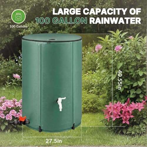 100 Gallon Collapsible Rain Barrel,to Collect Rainwater from Gutter Downspouts, Heavy Duty PVC Rainwater Collection System, with Spigots top Mesh Cover and Overflow Valve,for Garden Lawn Irrigation