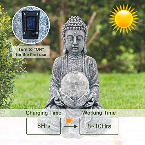 Meditating Buddha Statue with Solar Light,Zen Solar Garden Buddha with Cracked Glass Ball Sculpture-Indoor/Outdoor Decor for Balcony,Garden,Patio,Porch Yard Art Ornament,Gift