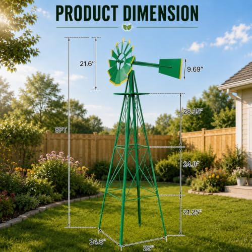8FT Windmill for Yard Garden Decoration,Heavy Duty Outdoor Wind Mills, Large Metal Outdoor Windmill, Weather Resistant,Green