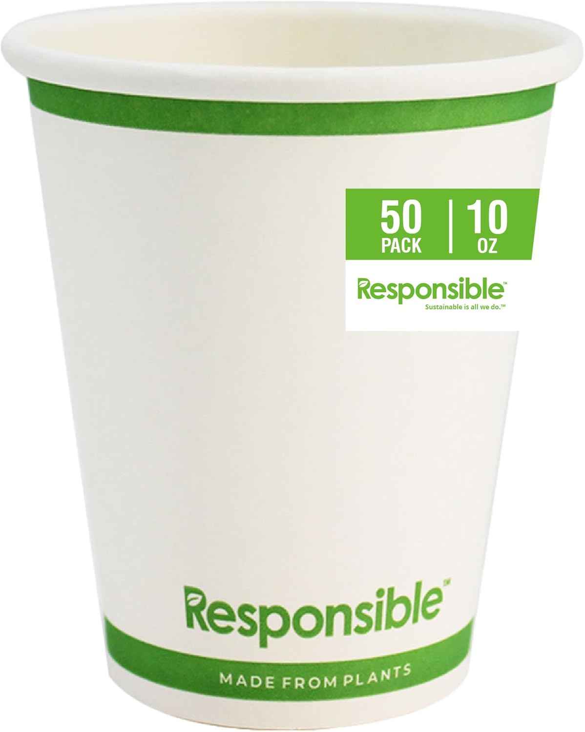 Certified Compostable 10 oz Paper Cups, Cold & Hot Coffee Cups, Disposable Paper Cups, Extra Strength Disposable Cups, Made without PFAS (50 count)