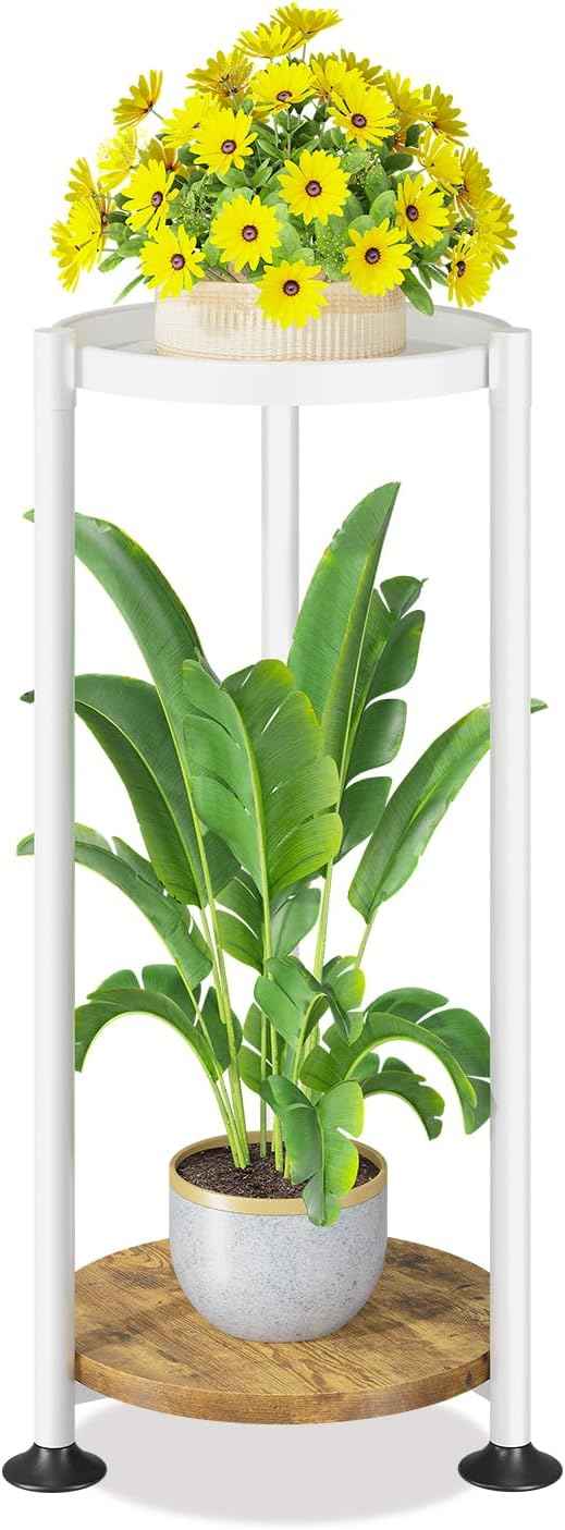 LASZOLA 2 Tier White Plant Stand Indoor for Large Tall Heavy Duty Flower Planter, Metal Vertical Multi Level Rack for Narrow Floor Corner, Sturdy Round Holder Organizer, Modern, Mid Century, Farmhouse