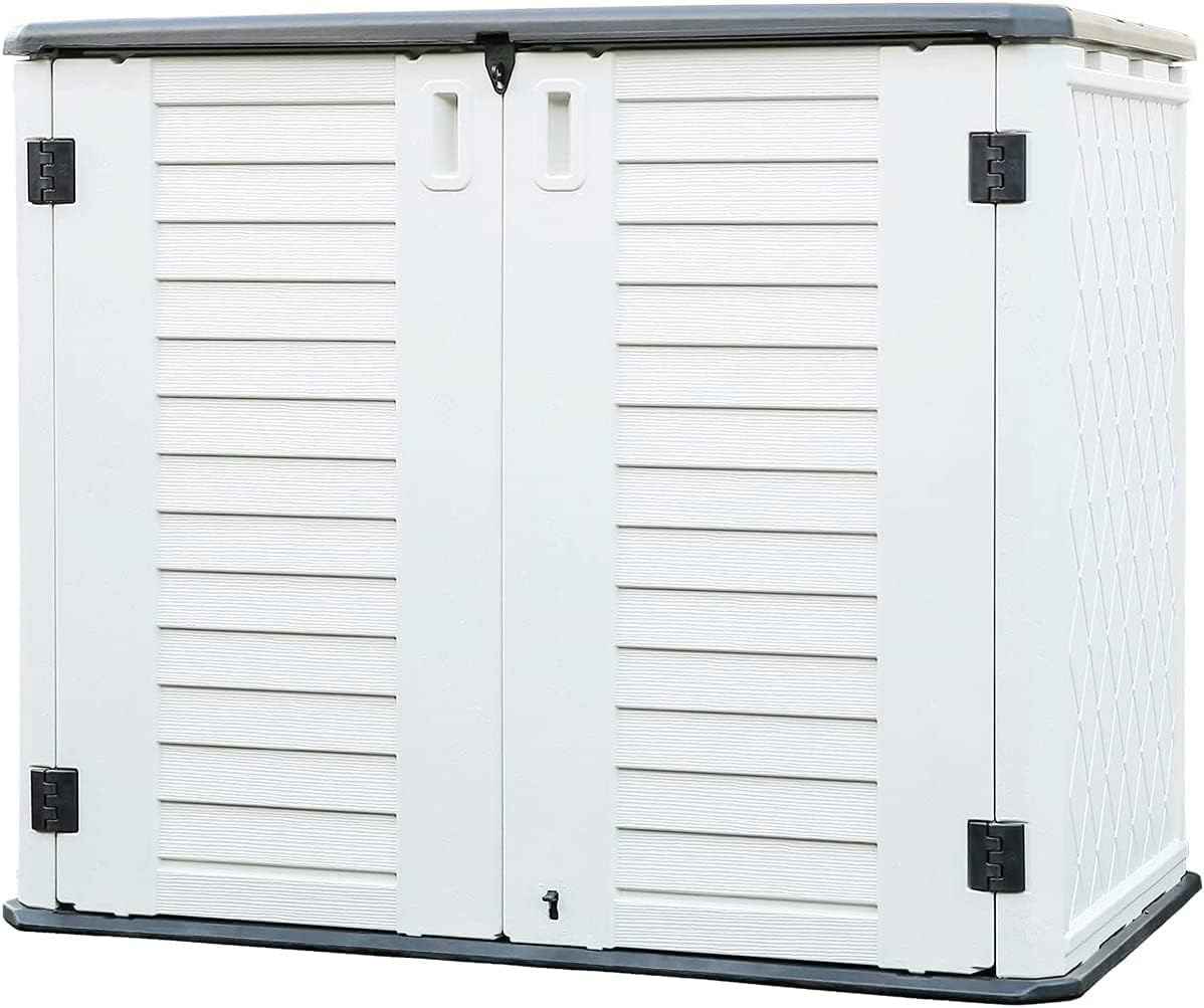 KINYING Outdoor Storage Shed - Horizontal Storage Box Waterproof for Garden, Patios, Backyards, Multi-Opening Door for Easy Storage of Bike, Garbage Cans, Tools, Lawn Mower, Off-White, 26 Cubic Feet