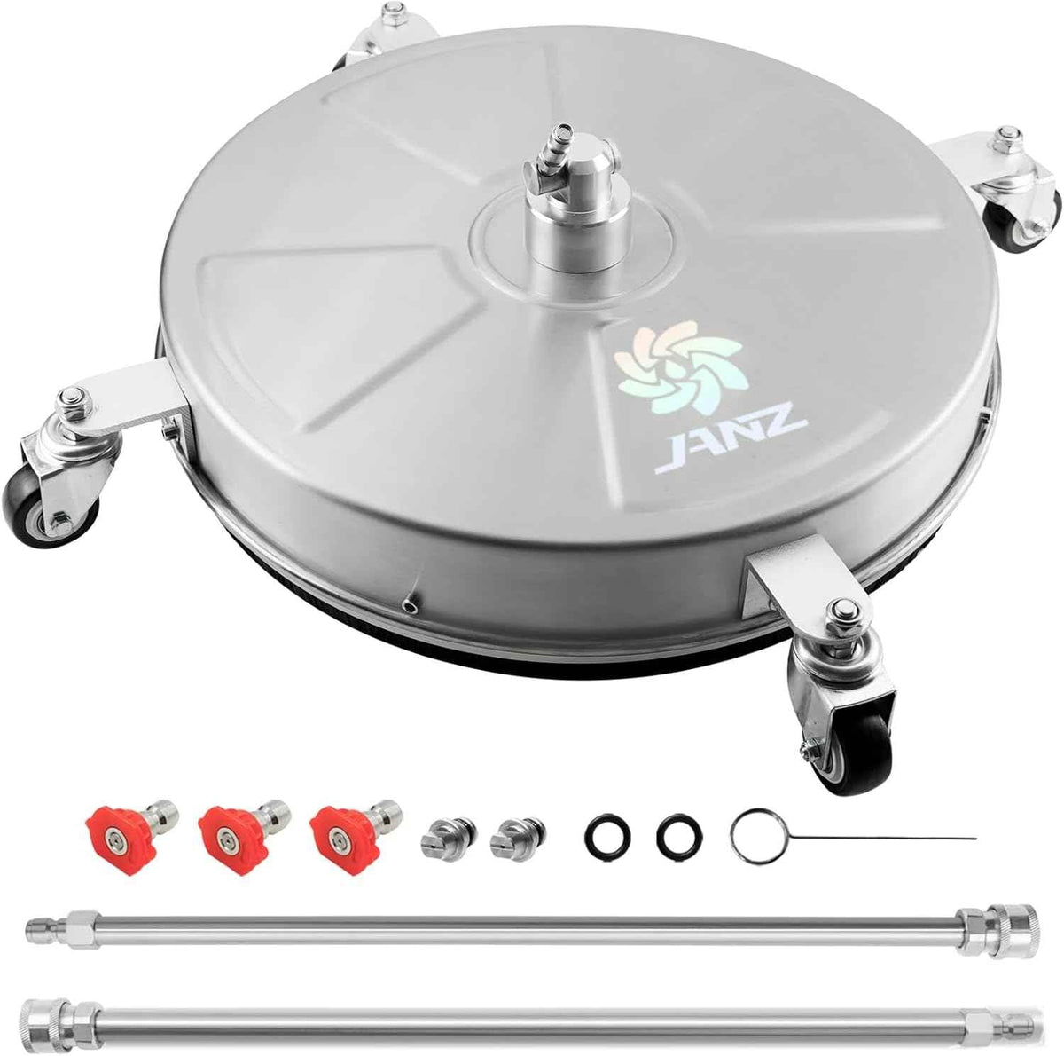 JANZ 18" Pressure Washer Surface Cleaner with 4 Wheels,1/4" Quick Plug,Stainless Steel Housing,2 Extension Wand Attachments, 3 Spray Nozzles and 2 Replacement Nozzles, 4000 PSI