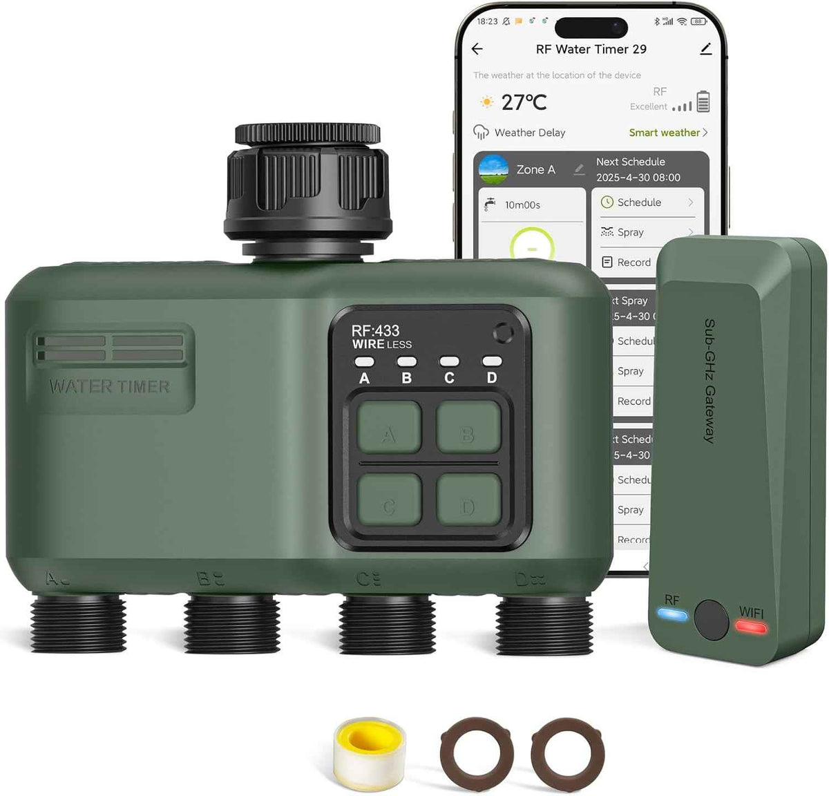 WiFi Water Timer 4 Zone for Garden Hose, Smart Sprinkler Timer with 984ft RF Range, Smart Lawn Watering System Irrigation Controller, APP/Voice Control, Rain Delay, Automatic/Manual Irrigation