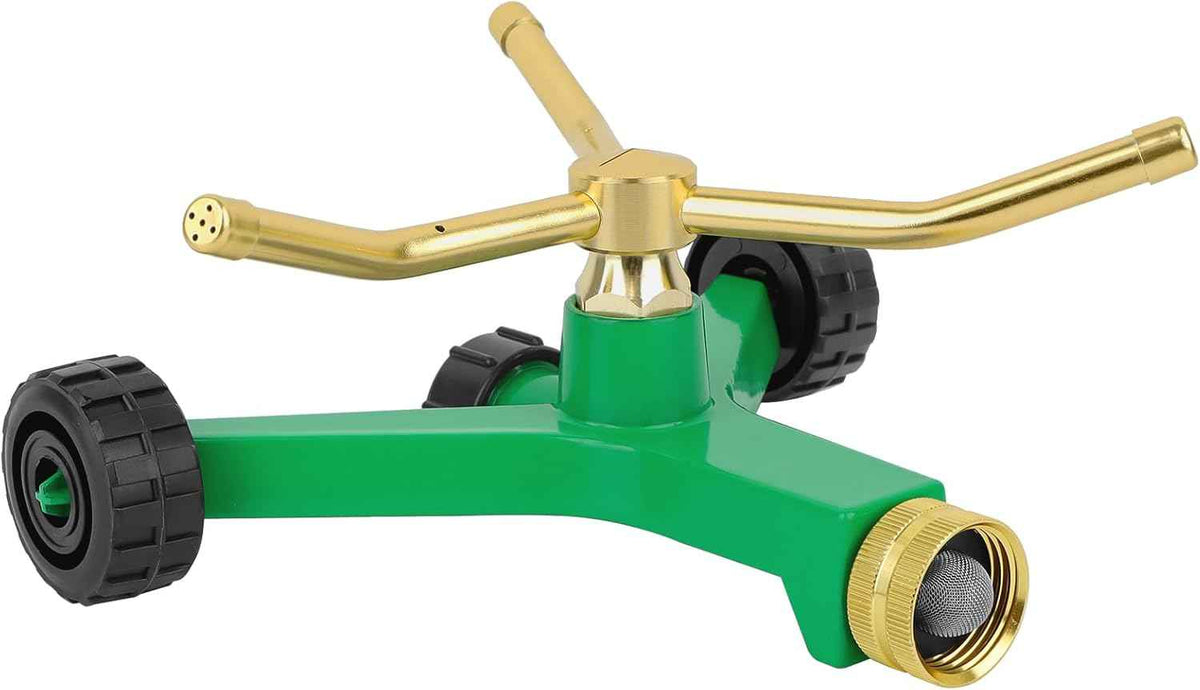 RESTMO 3-Arm Metal Sprinkler with Wheel Base, 360 Degree Automatic Rotary Lawn Sprinkler System for Garden Plant, Flower Bed and Yard Watering and Large Yard Area Watering