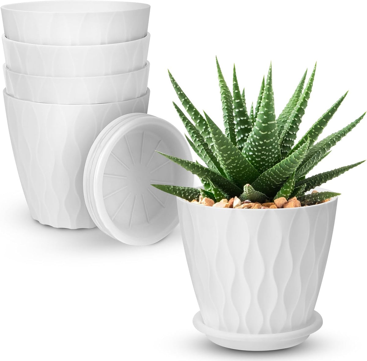 4 inch Plant Pots, 5 Pack Flower Pots Outdoor Indoor, Planters with Drainage Holes and Tray Saucers(White)