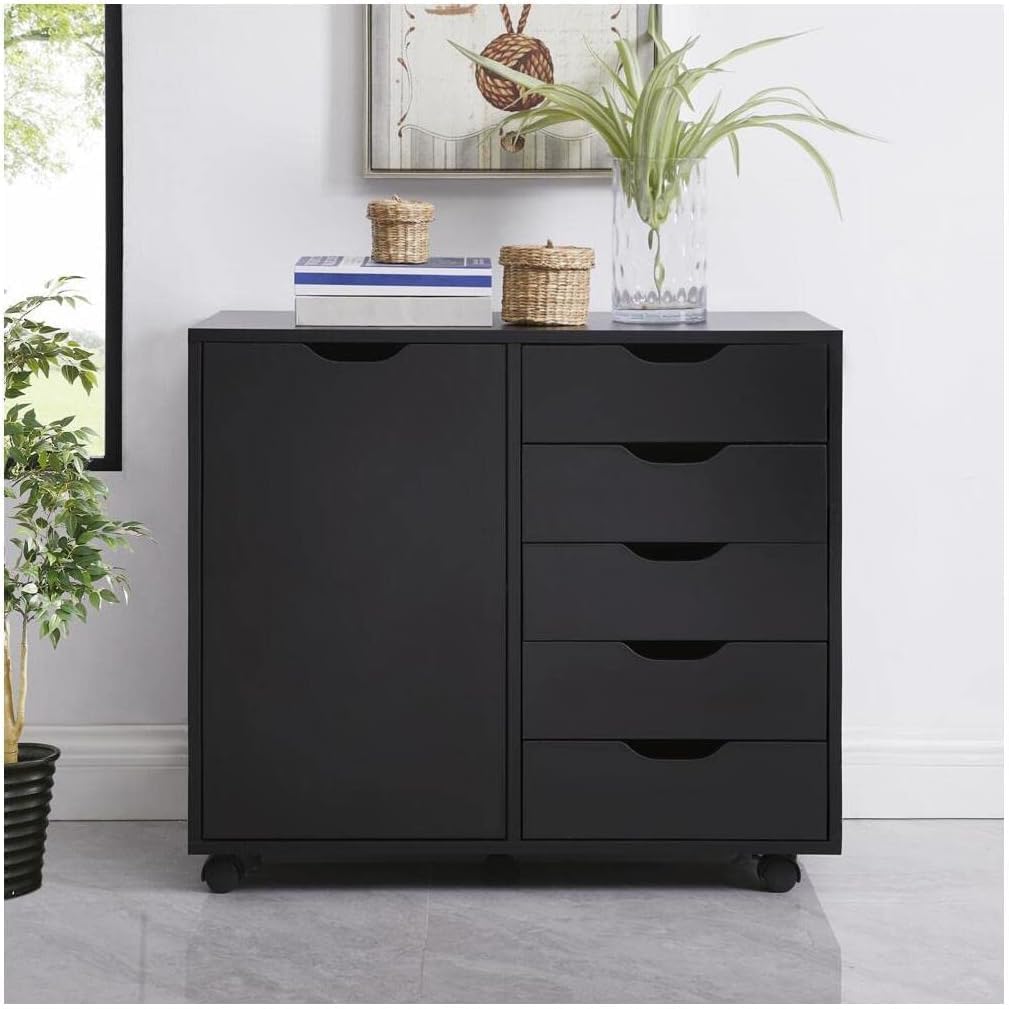 5-Drawer Wood Drawer Cabinet, Office Storage Cabinet with Adjustable Shelf & Wheels, Printer Stand for Home Office, Black, 15.7" D x 30.7" W x 25.4" H - Field & Nook
