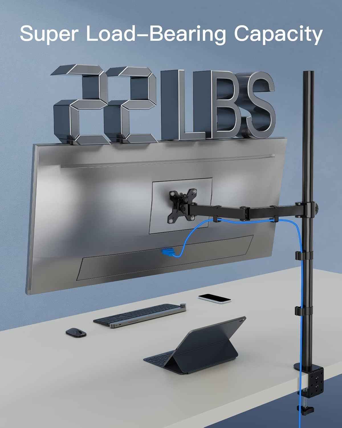 HUANUO Single Monitor Arm with 39 inch Extra-Tall Pole, Adjustable Computer Desk Mount for 13–32 inch Screens and up to 38 inch Ultrawide Screens, Hold 22 lbs, Monitor Stand with C-Clamp & Grommt Base